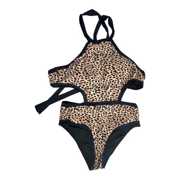 Beach Joy one piece halter high neck open back lace up leopard bodysuit Medium - Picture 1 of 6